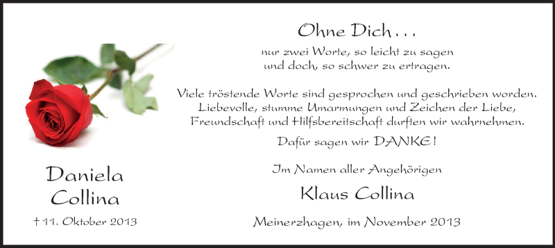  Traueranzeige für Daniela Collina vom 30.11.2013 aus MZV