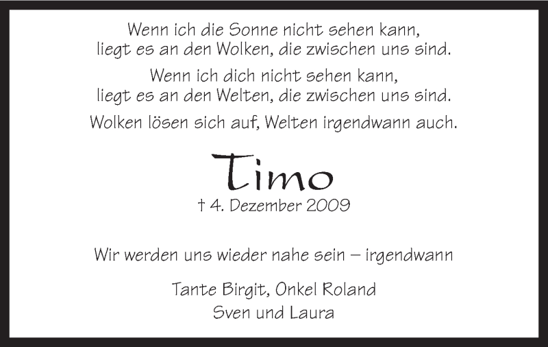  Traueranzeige für Timo  vom 04.12.2013 aus MZV
