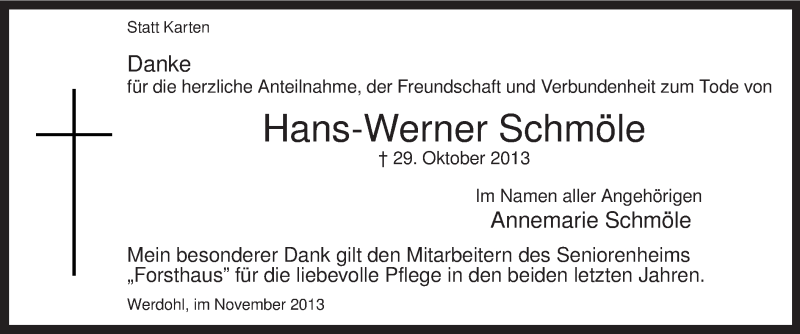  Traueranzeige für Hans-Werner Schmöle vom 30.11.2013 aus MZV