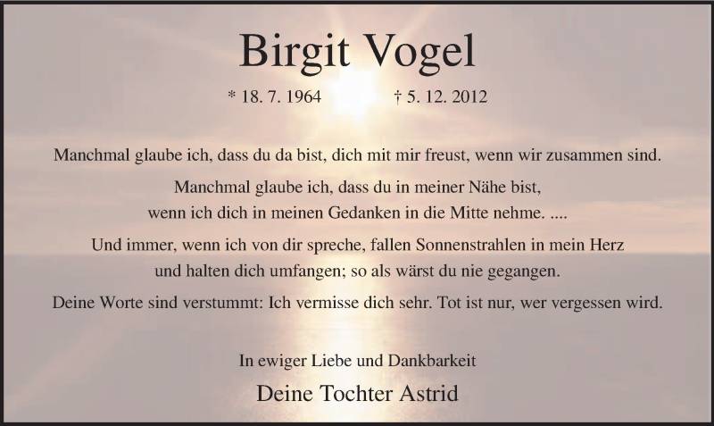  Traueranzeige für Birgit Vogel vom 05.12.2013 aus MZV