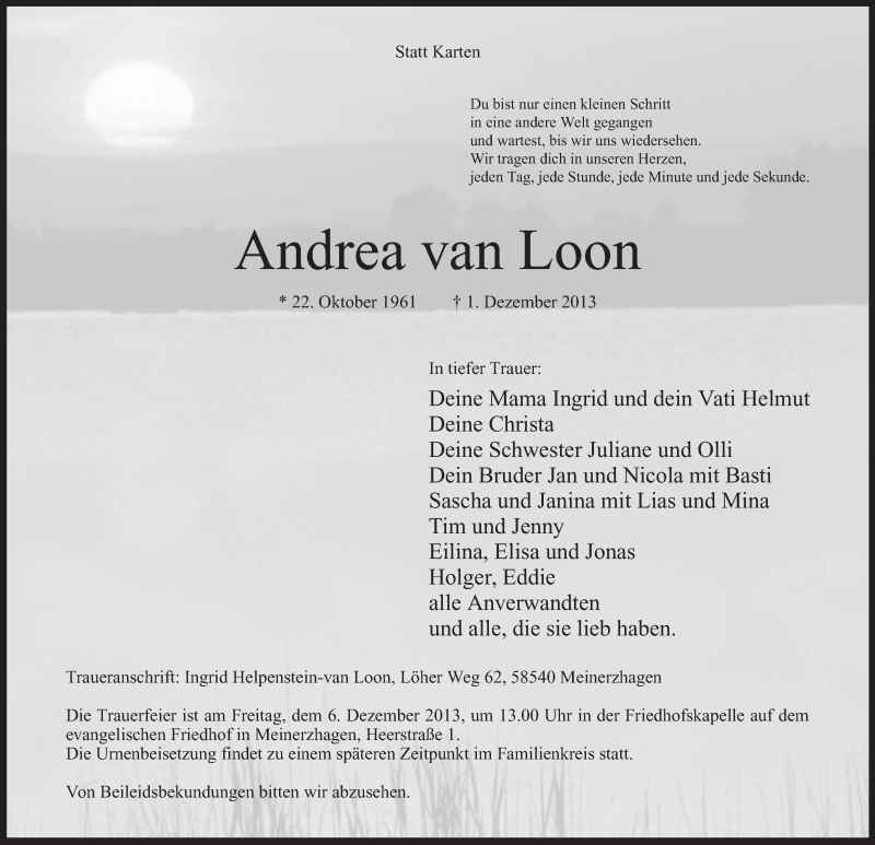  Traueranzeige für Andrea van Loon vom 04.12.2013 aus MZV