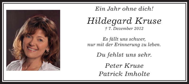  Traueranzeige für Hildegard Kruse vom 07.12.2013 aus MZV