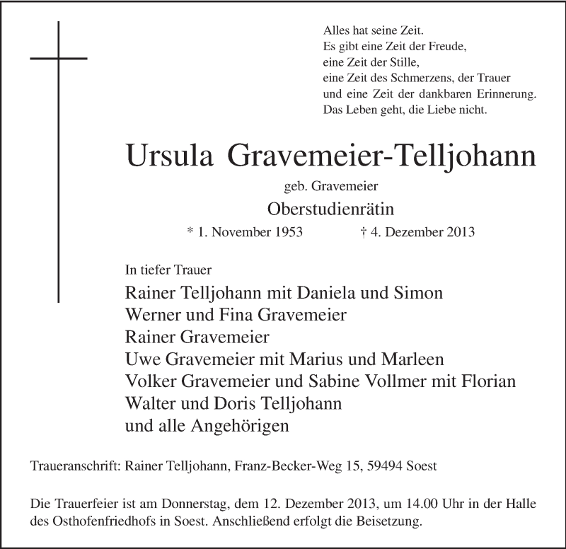  Traueranzeige für Ursula Gravemeier-Telljohann vom 07.12.2013 aus MZV