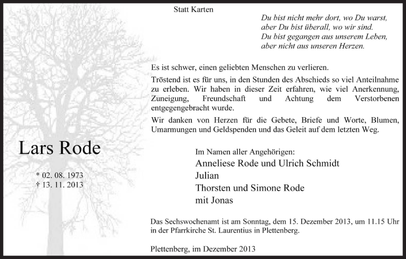  Traueranzeige für Lars Rode vom 13.12.2013 aus MZV