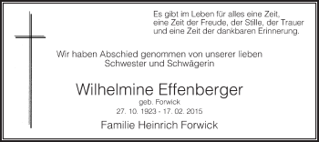 Traueranzeige von Wilhelmine Effenberger von MZV