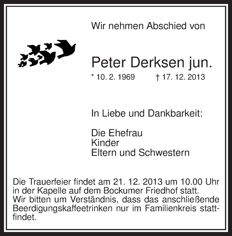  Traueranzeige für Peter Derksen vom 20.12.2013 aus MZV