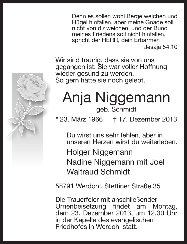  Traueranzeige für Anja Niggemann vom 20.12.2013 aus MZV