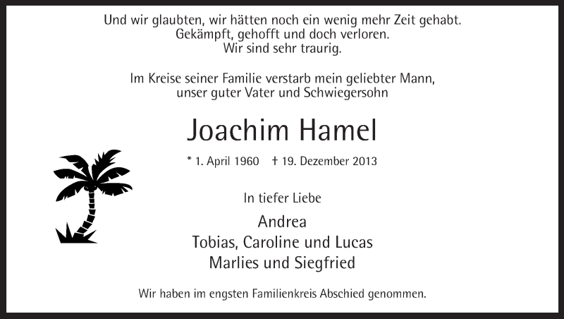  Traueranzeige für Joachim Hamel vom 28.12.2013 aus MZV
