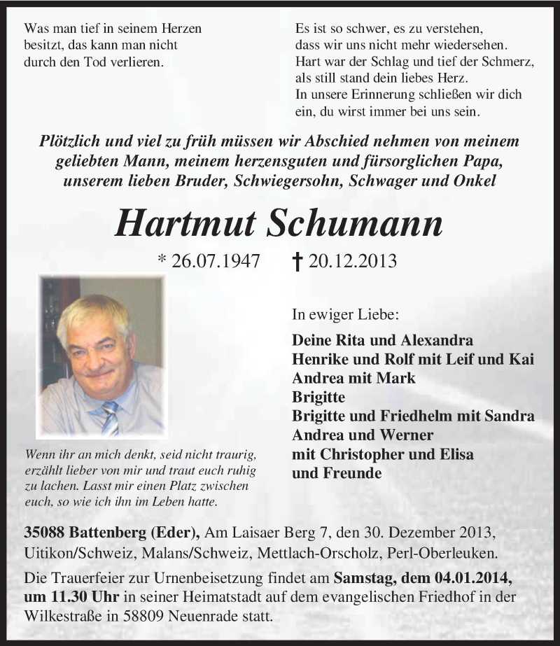  Traueranzeige für Hartmut Schumann vom 30.12.2013 aus MZV