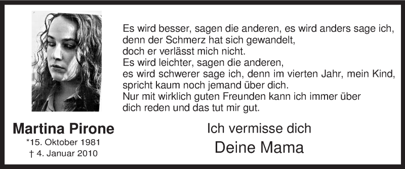  Traueranzeige für Martina Pirone vom 04.01.2014 aus MZV