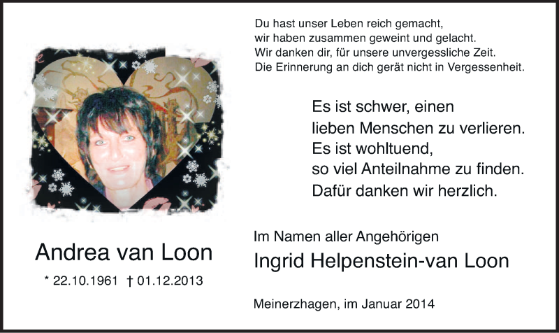  Traueranzeige für Andrea van Loon vom 04.01.2014 aus MZV