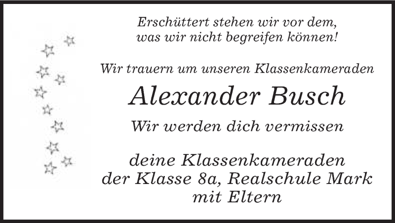  Traueranzeige für Alexander Busch vom 10.01.2014 aus MZV