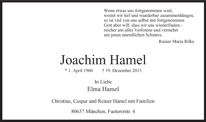  Traueranzeige für Joachim Hamel vom 09.01.2014 aus MZV