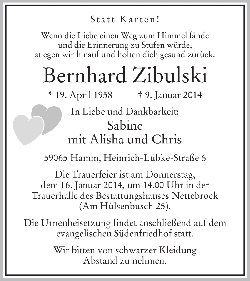  Traueranzeige für Bernhard Zibulski vom 13.01.2014 aus MZV