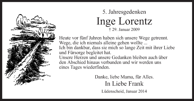  Traueranzeige für Inge Lorentz vom 29.01.2014 aus MZV