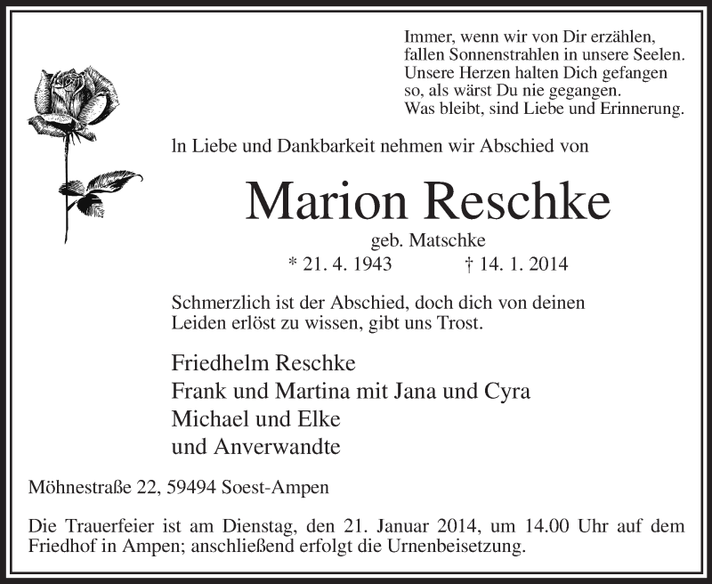 Traueranzeige für Marion Reschke vom 17.01.2014 aus MZV