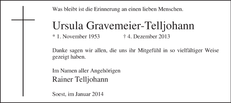  Traueranzeige für Ursula Gravemeier-Telljohann vom 18.01.2014 aus MZV