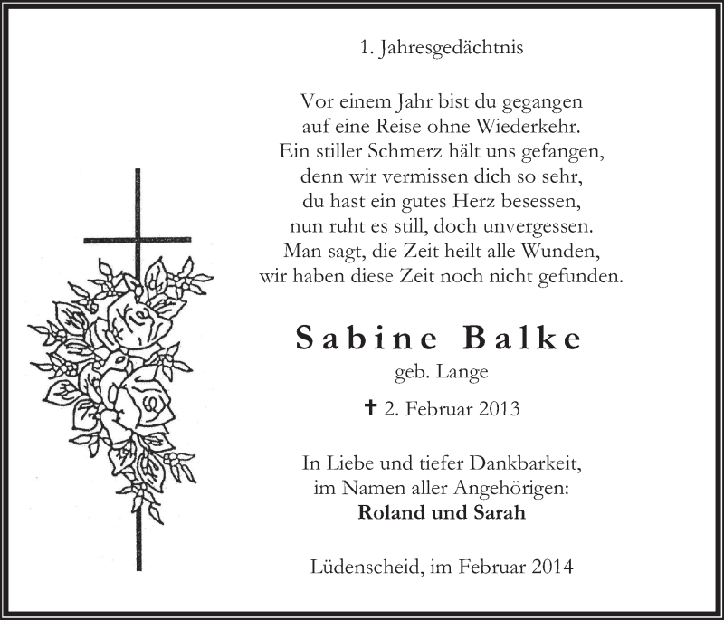  Traueranzeige für Sabine Balke vom 01.02.2014 aus MZV