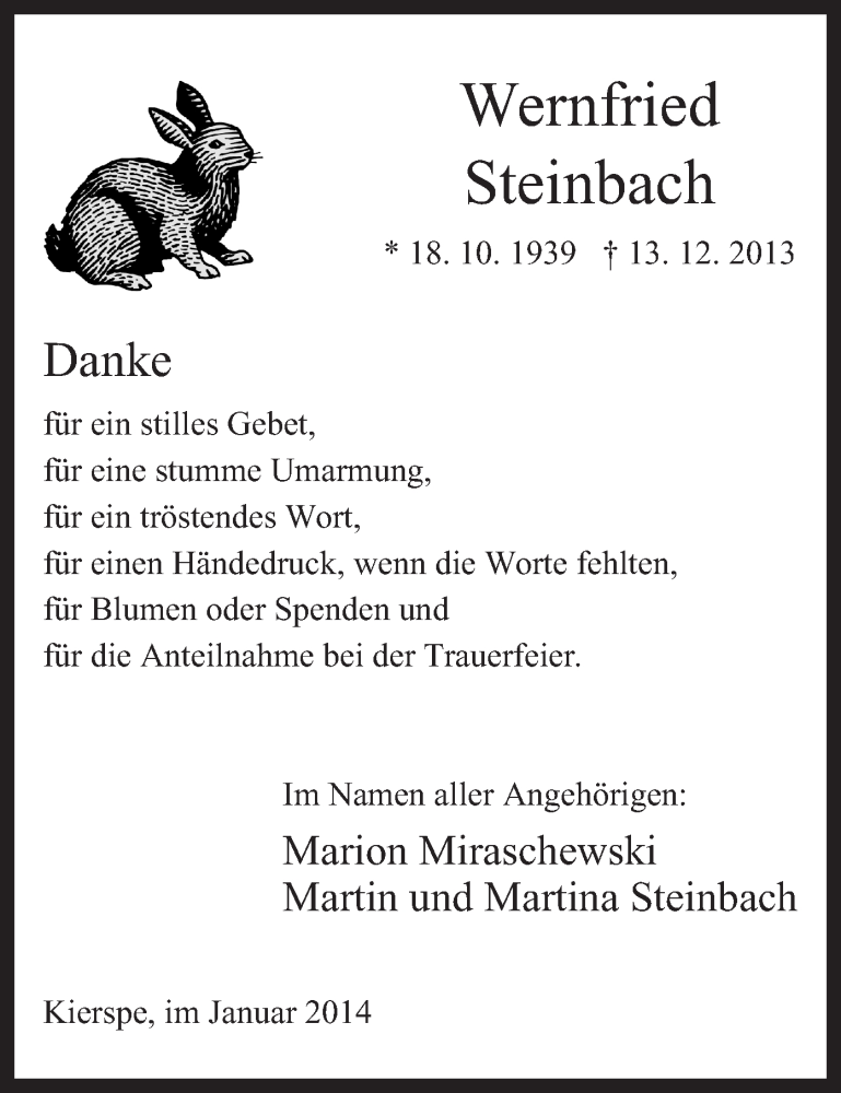  Traueranzeige für Wernfried Steinbach vom 22.01.2014 aus MZV