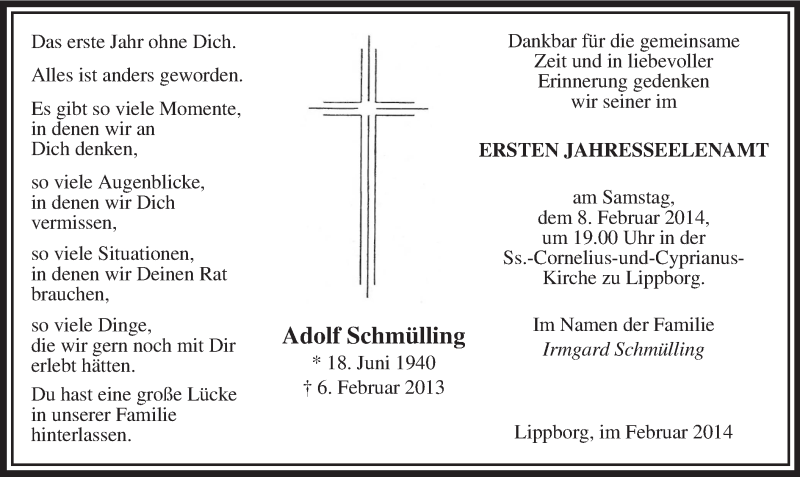  Traueranzeige für Adolf Schmülling vom 01.02.2014 aus MZV