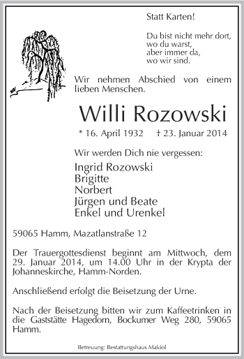 Traueranzeige von Willi Rozowski von MZV