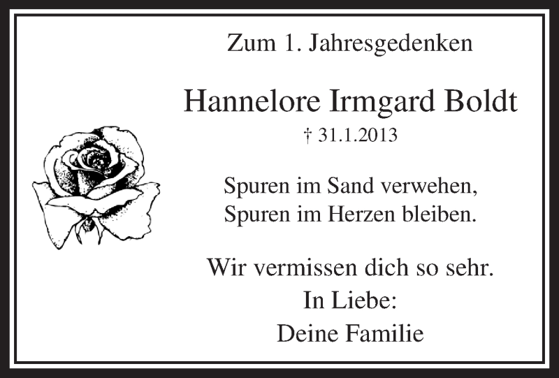  Traueranzeige für Hannelore Irmgard Boldt vom 31.01.2014 aus MZV