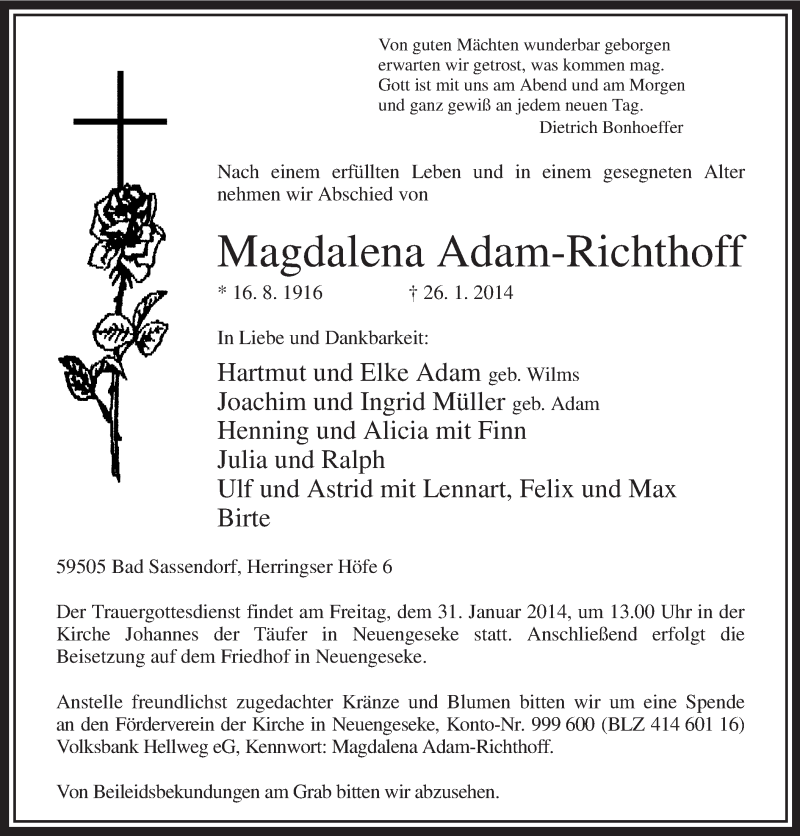  Traueranzeige für Magdalena Adam-Richthoff vom 28.01.2014 aus MZV