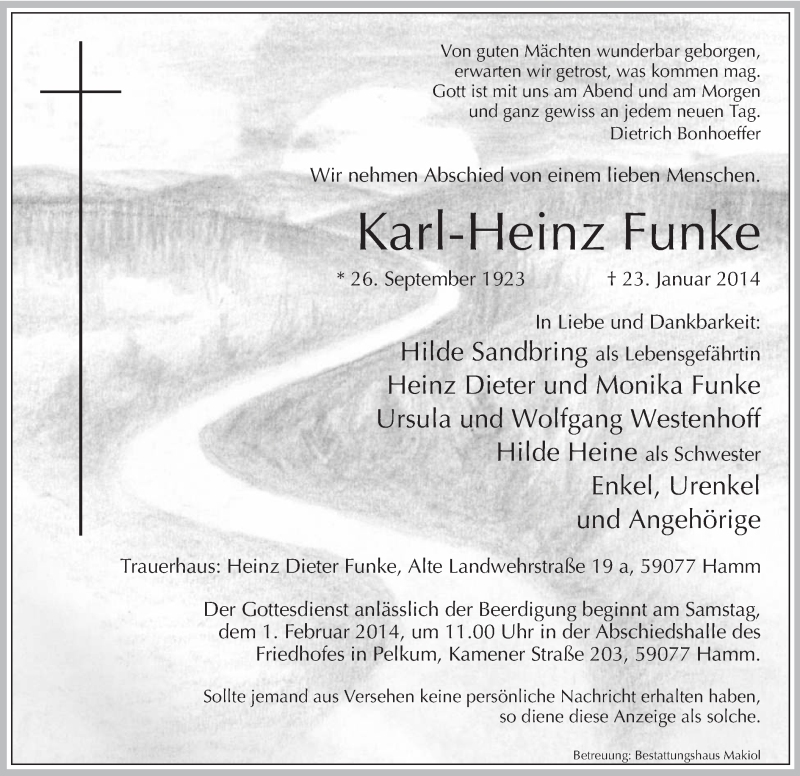  Traueranzeige für Karl-Heinz Funke vom 28.01.2014 aus MZV