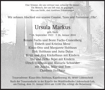 Traueranzeige von Ursula Markus von MZV