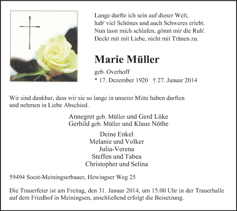  Traueranzeige für Marie Müller vom 29.01.2014 aus MZV