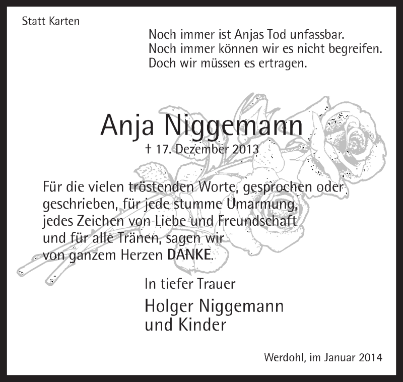  Traueranzeige für Anja Niggemann vom 29.01.2014 aus MZV