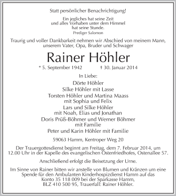 Traueranzeige von Rainer Höhler von MZV