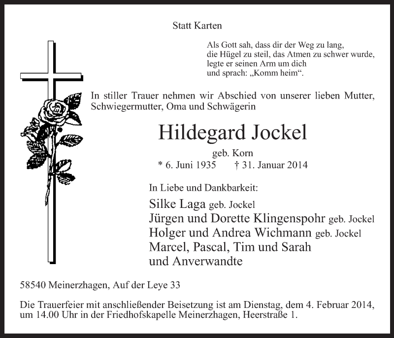  Traueranzeige für Hildegard Jockel vom 01.02.2014 aus MZV