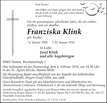 Traueranzeige von Franziska Klink von MZV