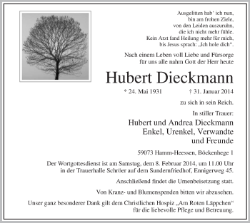 Traueranzeige von Hubert Dieckmann von MZV