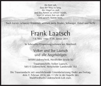 Traueranzeige von Frank Laatsch von MZV