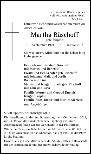 Traueranzeige von Rüschoff Martha von MZV