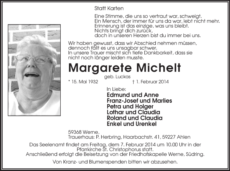  Traueranzeige für Margarete Michelt vom 04.02.2014 aus MZV
