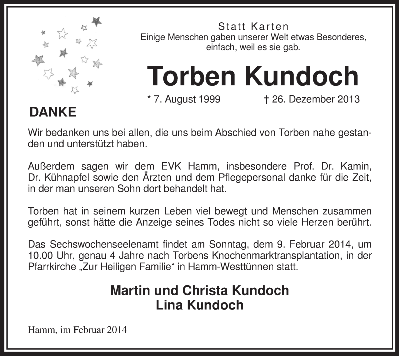  Traueranzeige für Torben Kundoch vom 05.02.2014 aus MZV