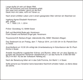Traueranzeige von Ingeborg Agnes Elisabeth Horstmann  von MZV