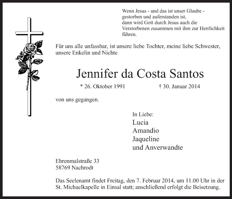  Traueranzeige für Jennifer da Costa Santos vom 05.02.2014 aus MZV