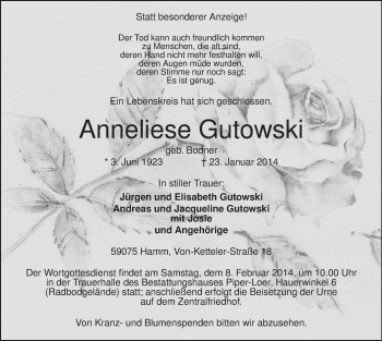 Traueranzeige von Anneliese Gutowski von MZV