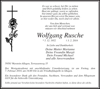 Traueranzeige von Wolfgang Rusche von MZV