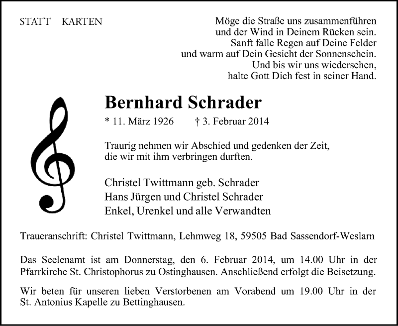  Traueranzeige für Bernhard Schrader vom 05.02.2014 aus MZV