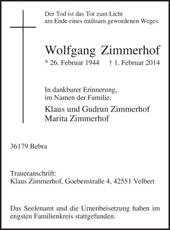 Traueranzeige von Wolfgang Zimmerhof von MZV