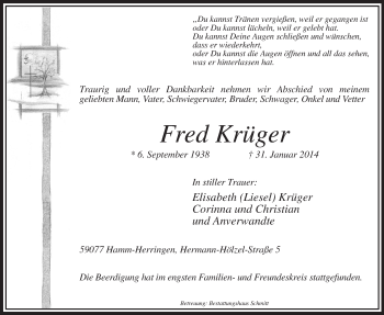 Traueranzeige von Fred Krüger von MZV