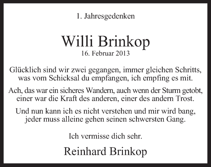  Traueranzeige für Willi Brinkop vom 15.02.2014 aus MZV
