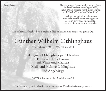 Traueranzeige von Günther Wilhelm Othlinghaus von MZV