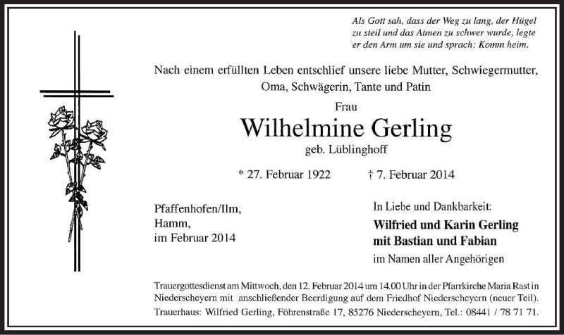  Traueranzeige für Wilhelmine Gerling vom 10.02.2014 aus MZV