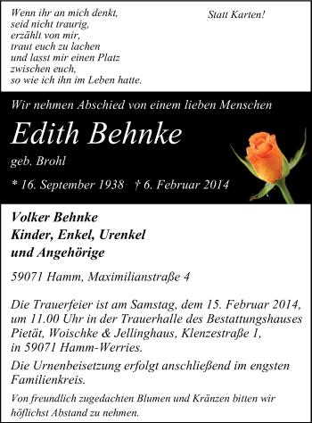 Traueranzeige von Edith Behnke von MZV